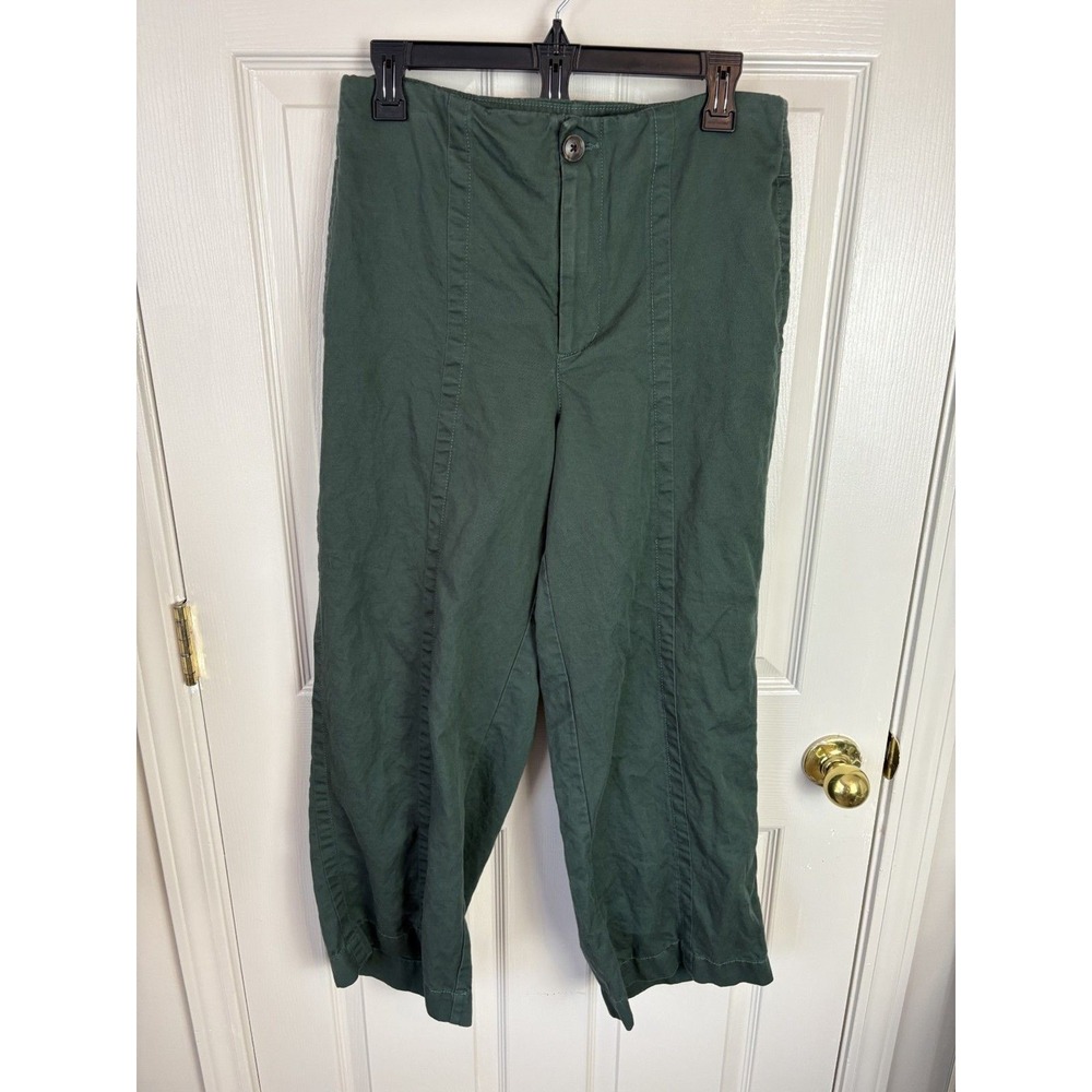 Loft Wide Leg Crop Pants Women 6 Green Excellent Linen Blend Seam Detail